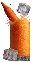 Glass filled with orange carrot smoothie. Ice cubes falling into glass, splashing liquid. Isolated shot on white background