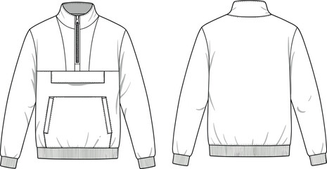 Men’s pullover jacket with half zipper, ribbed cuffs and hem, front pocket pouch, casual sportswear, relaxed fit, technical flat vector illustration © Sumon