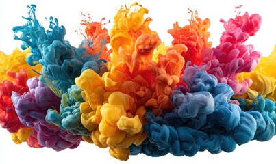 Multicolored vibrant inks blend and swirl upwards against a pure white background, creating an abstract cloud-like effect with layered hues