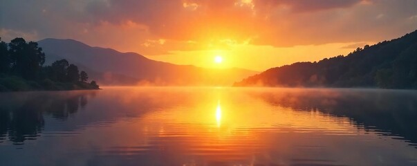 Serene sunrise over a tranquil lake, reflecting peaceful golden light Perfect for meditation, mindfulness, and spiritual themes Ideal for websites, blogs, and social media , peaceful, dawn, clouds