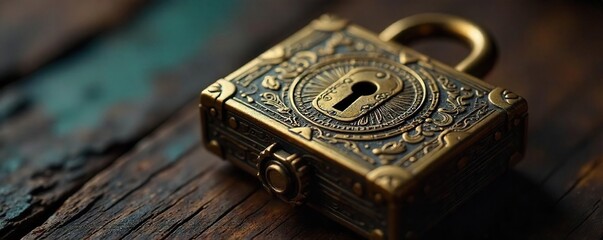 Intricate antique brass lock with hidden mechanisms, a mysterious and complex puzzle box, perfect for adventure or escape room themes , old lock, adventure game