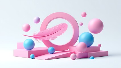 Abstract Pastel Colored Geometric Composition with Feather and Spheres design