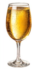 Sparkling drink in glass, bubbly texture, golden hue, isolated on white background, conveys freshness and celebration
