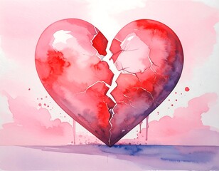 Watercolor heart, cracked in two,  pink/red background