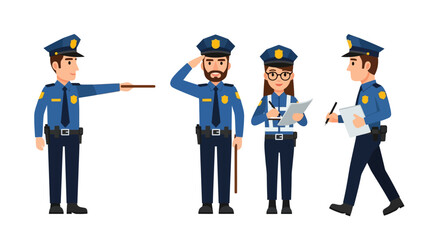 Four diverse police officers in uniform performing various duties: directing traffic, saluting, writing reports, and patrolling.