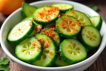 Close-up shot of vibrant green cucumbers sliced and generously sprinkled with a medley of colorful spices, ready to be served as a refreshing appetizer or side dish , tangy, snack