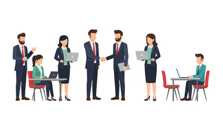 Fototapeta premium Business professionals in suits engaged in various collaborative activities, including handshakes and laptop use.