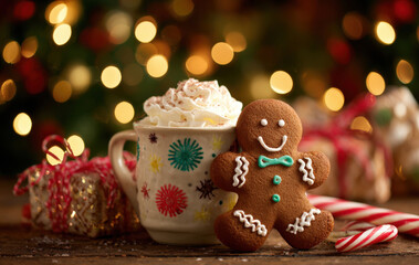 A gingerbread man sitting next to a mug of hot cocoa with whipped cream