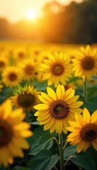 Golden hour sunlight bathes a vibrant field of ripening sunflowers, buzzing with bees A quintessential summer harvest scene , farm, farming