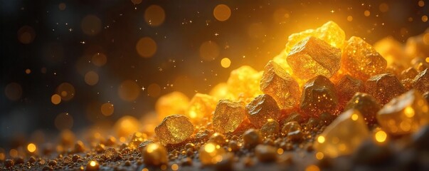 Gleaming, ethereal gold nuggets radiate celestial light, suggesting divine origin and untold power  Perfect for fantasy, mythology, and religious themes ,  light,  metal