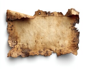 Aged, ripped parchment with curled edge, brown discoloration, and texture. Isolated on a white background