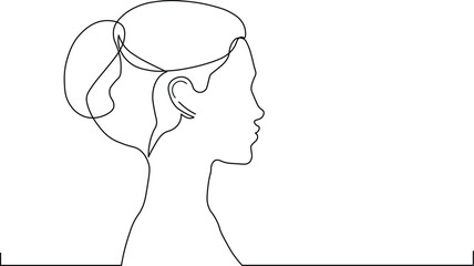 Elegant one-line drawing of a woman's profile with a stylish ponytail, perfect for minimalist designs, beauty blogs, and modern art projects, with a clean and sophisticated aesthetic
