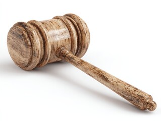 Wood gavel with rings, laying on its side. Light, neutral background. Wooden handle and head with striations