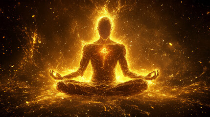 Spiritual glowing figure meditating in energy explosion
