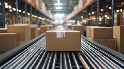 Cardboard boxes moving on conveyor belt in warehouse
