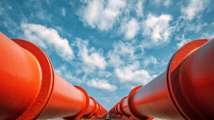 Red oil pipelines with cloudy blue sky in background
