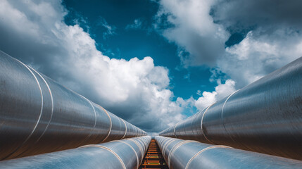 Long silver gas pipelines stretching beneath dramatic sky
