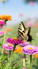 A swallowtail butterfly rests gracefully on a vibrant pink zinnia flower, surrounded by a colorful array of blooms.