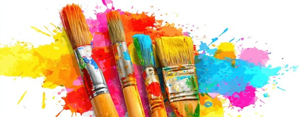 Obraz premium Artful image showing paintbrushes with colored paint splatters creating a vibrant, artistic display on a white background