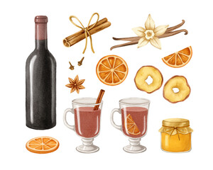 Mulled wine watercolour set. Hand-drawn watercolor illustartion