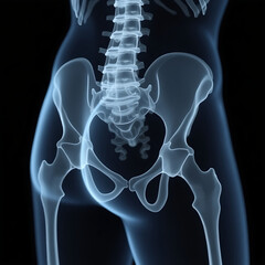 A detailed and clear X-ray scan focusing on a human hip and spine, showing skeletal structures covered with distinct signs of osteoporosis 