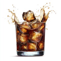 Beverage in a glass with splashing liquid and ice cubes against a white background creating a refreshing visual