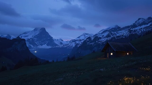 A small cabin surrounded by a green field, with mountains visible in the distance