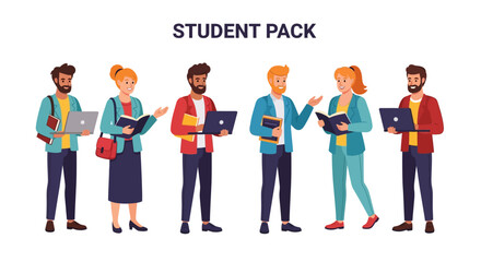 Obraz premium Illustration of six diverse students holding books and laptops, standing against a white background with 