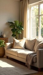 Serene sun-drenched living room, plush sofa, soft blankets, sunbeams streaming through window, perfect for relaxation and unwinding Ideal for leisure and comfort , room, comfortable, bright