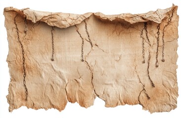 Crumpled, aged parchment with hanging chains against white, evokes history and mystery