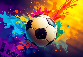 Naklejka premium Abstract soccer ball, vibrant color splashes, dynamic design, art, soccer