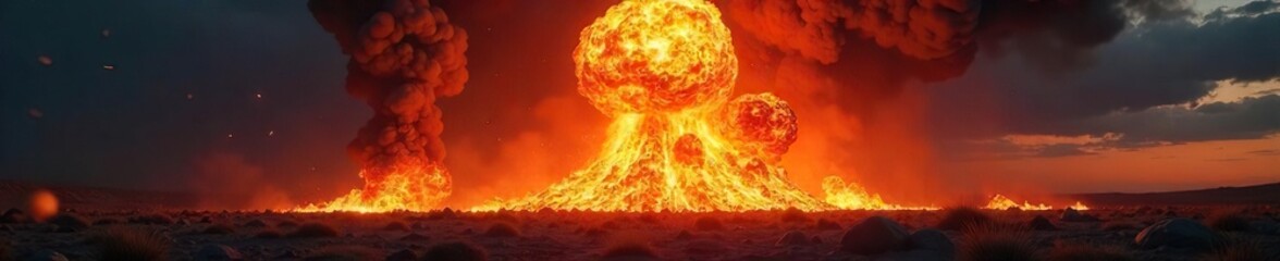 Spectacular fiery explosion, intense heat and light, burning embers and smoke billowing against a dark night sky  Perfect for fantasy, action, and destruction themes ,  night,  intense,  burning