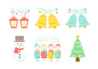 Naklejka premium Collection of adorable christmas graphics featuring snowman christmas tree bells lanterns and carolers isolated on white