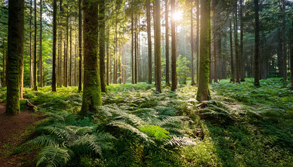 Obraz premium Dense Green Forest With Sunlight Filtering Through Tall Trees Ferncovered Floor Serene Feel