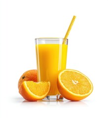Glass of vibrant orange juice sits beside sliced oranges, a straw inside, all against a plain white background