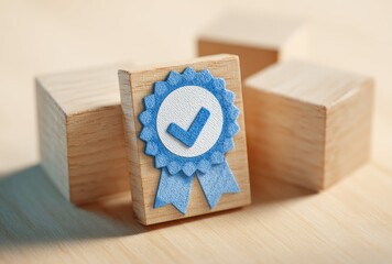 A wooden block with a blue checkmark emblem, surrounded by other wooden blocks on a wooden surface
