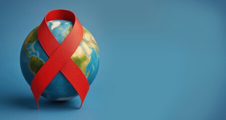 World AIDS day banner. The symbol of solidarity is a red ribbon with globe on blue background 1st december world aids day