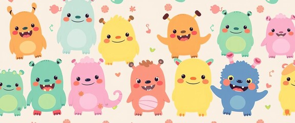Adorable cartoon monsters in pastel colors, seamless repeat pattern for kids, funny, friendly