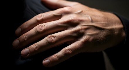 Fototapeta premium Close up of a mans hand resting on his shoulder showing veins and texture detail perfect for medical or artistic uses
