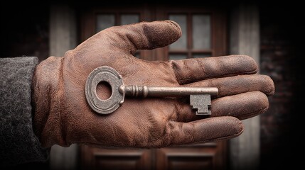 Close-up shows gloved hand holding an antique key in front of blurred wooden doors, creating a mysterious vibe