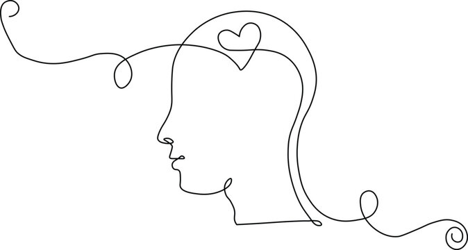 Express your emotions with this elegant minimalist line art design of a human head with a heart representing mental health, love, and connection for a modern creative project