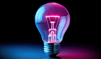 Lightbulb glows pink and blue, standing on a reflective surface against a dark background, filament visibly lit