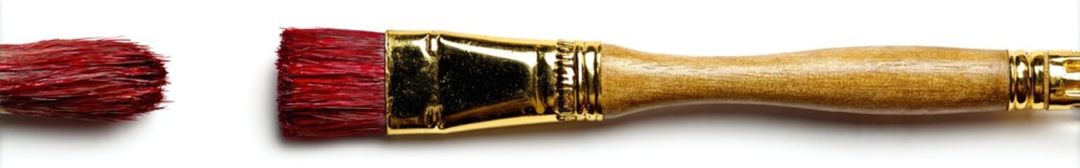 A paint brush with red paint on the brush end, on a white background, and one paint dab is separated