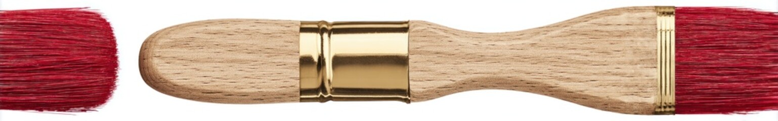 Red-tipped paintbrush with a light wood handle and a shiny gold-colored metal band, on a white background
