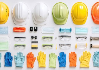Organized array of PPE hard hats, masks, safety glasses, gloves in varied colors, neatly arranged on a white backdrop