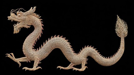 Elaborate, ornate dragon sculpture with textured scales, curving body, and detailed claws against a dark background