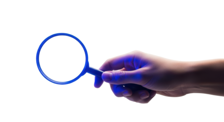 Hand holding a magnifying glass for inspection or searching isolated PNG with Transparent Background