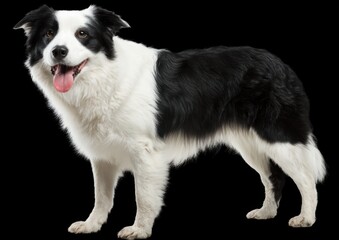 A black and white Border Collie stands against a plain black background with tongue out, looking alert