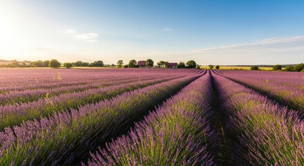 Fototapeta premium Rows of Lavender in a Field at Sunset.