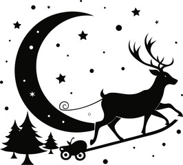 Naklejka premium Reindeer pulling Santa’s sleigh across the night sky silhouette vector black , white background